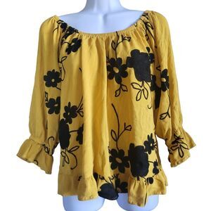 Liv Los Angeles Mustard Black Floral Peplum Off the Shoulder Shirt Size M